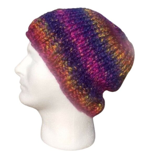 Handmade Accessories - Women's Handmade Beanie Hat Cap Knit Slouch Twilight Plains Blue Fuchsia Chunky